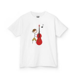 This is the Double Bass Kids T-shirt that will become your kiddo’s anthem. Our Stick figure Bobby Bass is a pro, see him play his solo. Perfect for your children to show what they love. A must have for your young classical or jazz musician!
