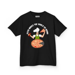 The "Foodie Kids Pizza T-Shirt". Every kid knows that Pizza makes the world go round (as is the caption on the t-shirt). Here is a fun way for your youngster to embrace the foodie side of life. Illustration: A hungry Pizza Chef taking a slice from the huge pie he just made.