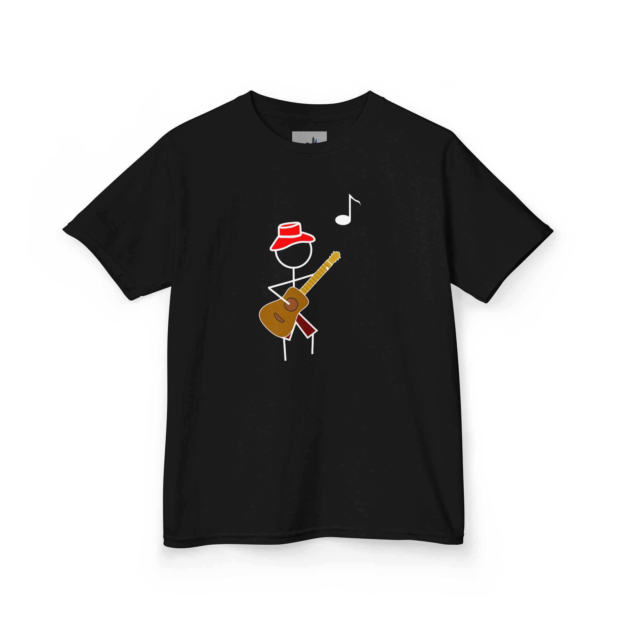 The classical guitarist kids t-shirt is a must have for aspiring young musicians! This is Classic Carl a simple stick figure arrayed in hat and comfy shorts a design that your kids will love.