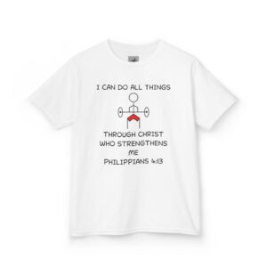 The "I Can Kids T-shirt" is quite the declaration of faith that moves with your little ones through every scraped knee and playground victory. Scripture “I Can Do All Things through Christ Who Strengthens me” proclaimed by our Stick Figure Friend Joshua.