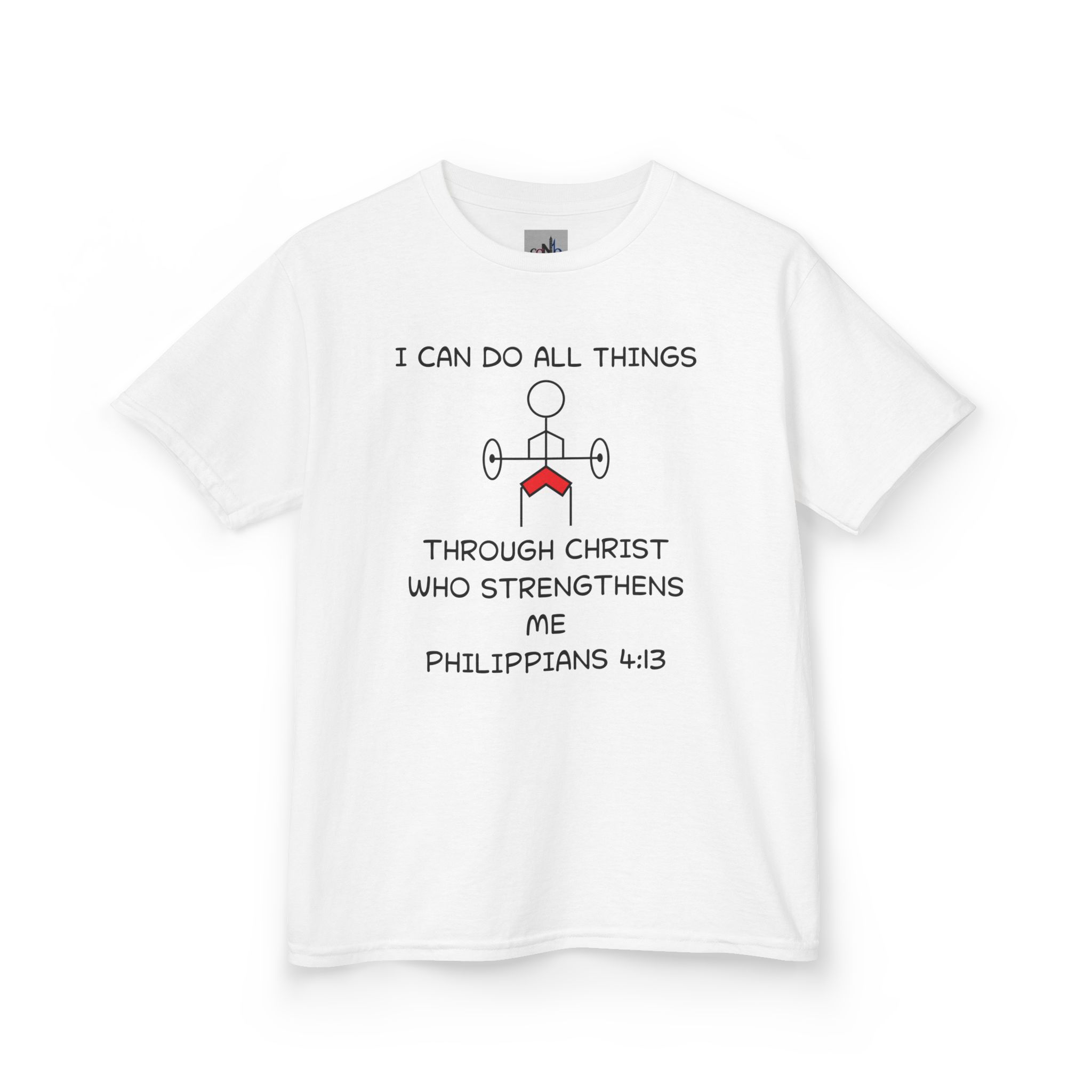 The "I Can Kids T-shirt" is quite the declaration of faith that moves with your little ones through every scraped knee and playground victory. Scripture “I Can Do All Things through Christ Who Strengthens me” proclaimed by our Stick Figure Friend Joshua.