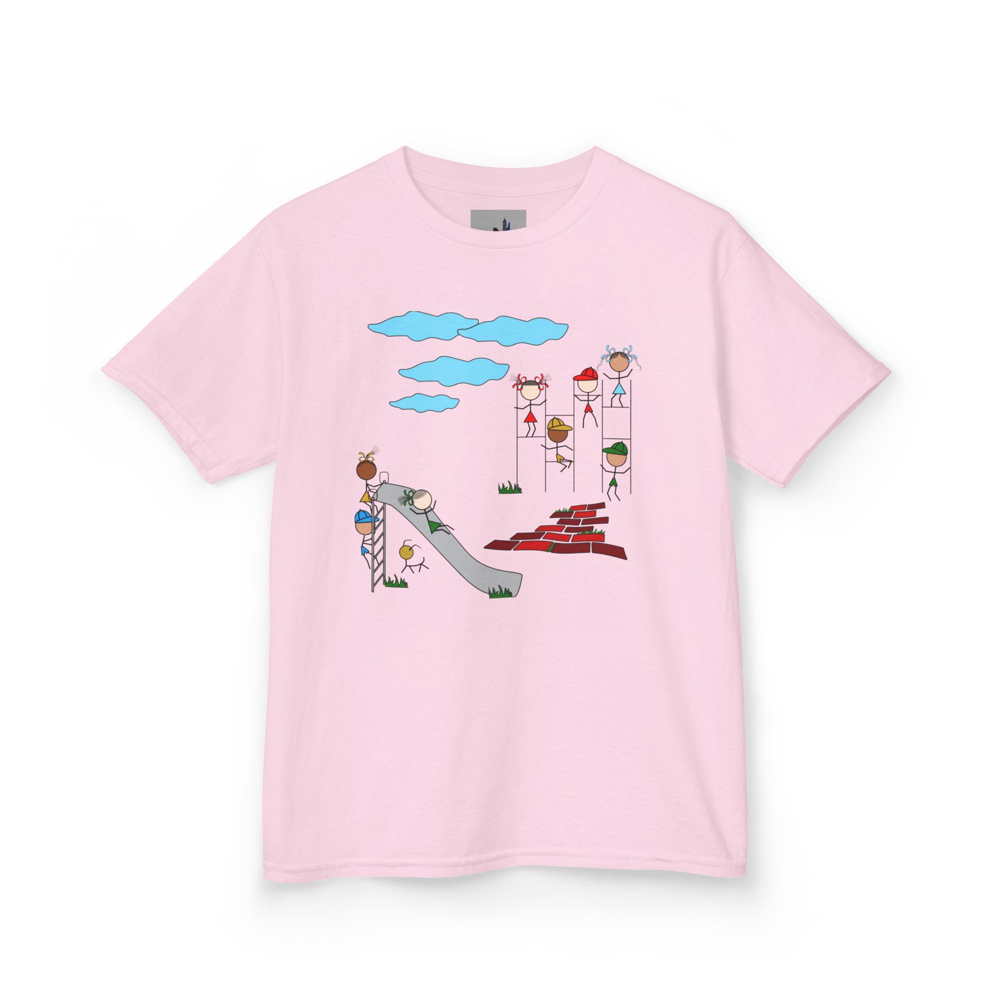 "Kids Playground T-shirt" stick figure illustration. Oh, what fun the children have playing in the park stick figures clad in bright clothing exploring the playground.