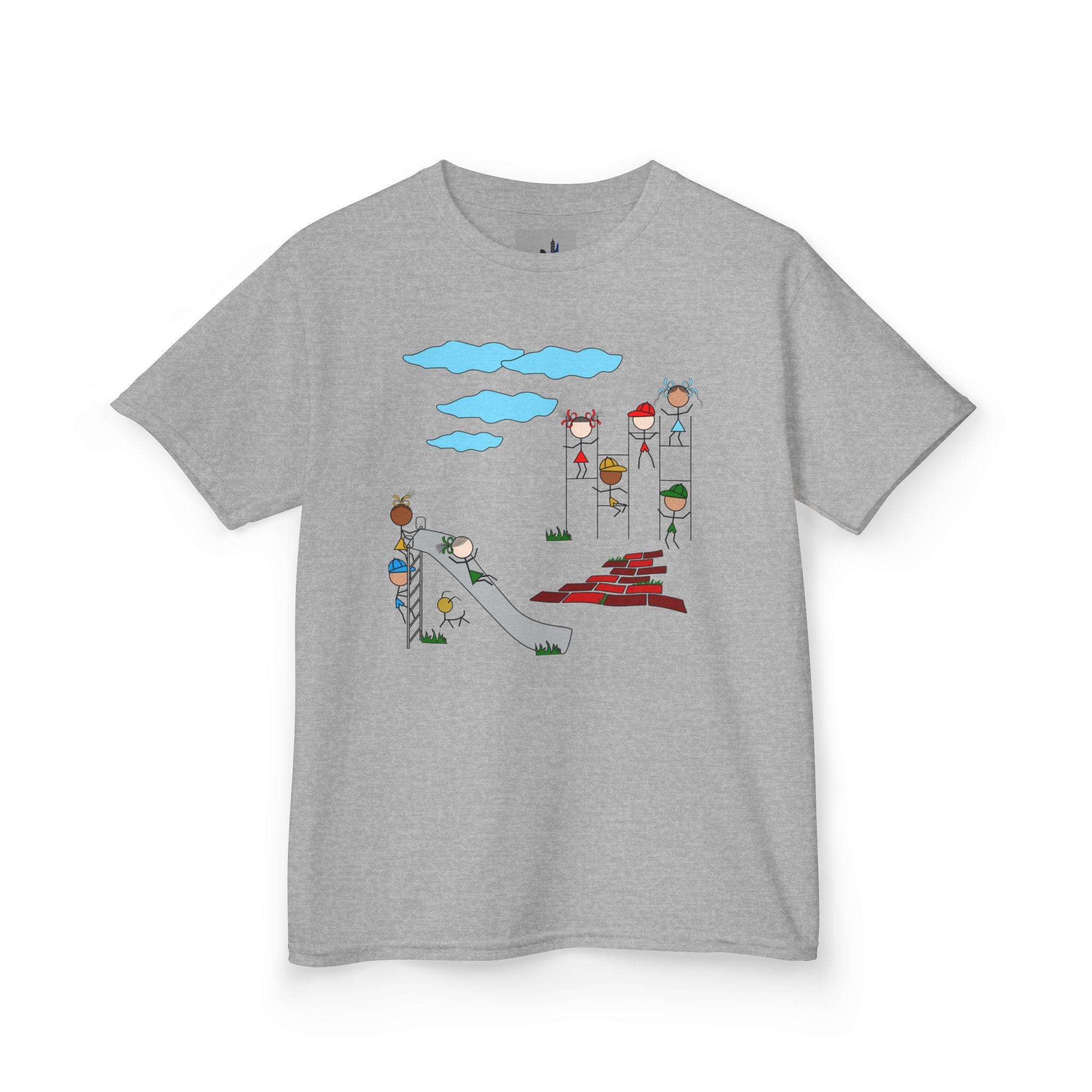 "Kids Playground T-shirt" stick figure illustration. Oh, what fun the children have playing in the park stick figures clad in bright clothing exploring the playground.
