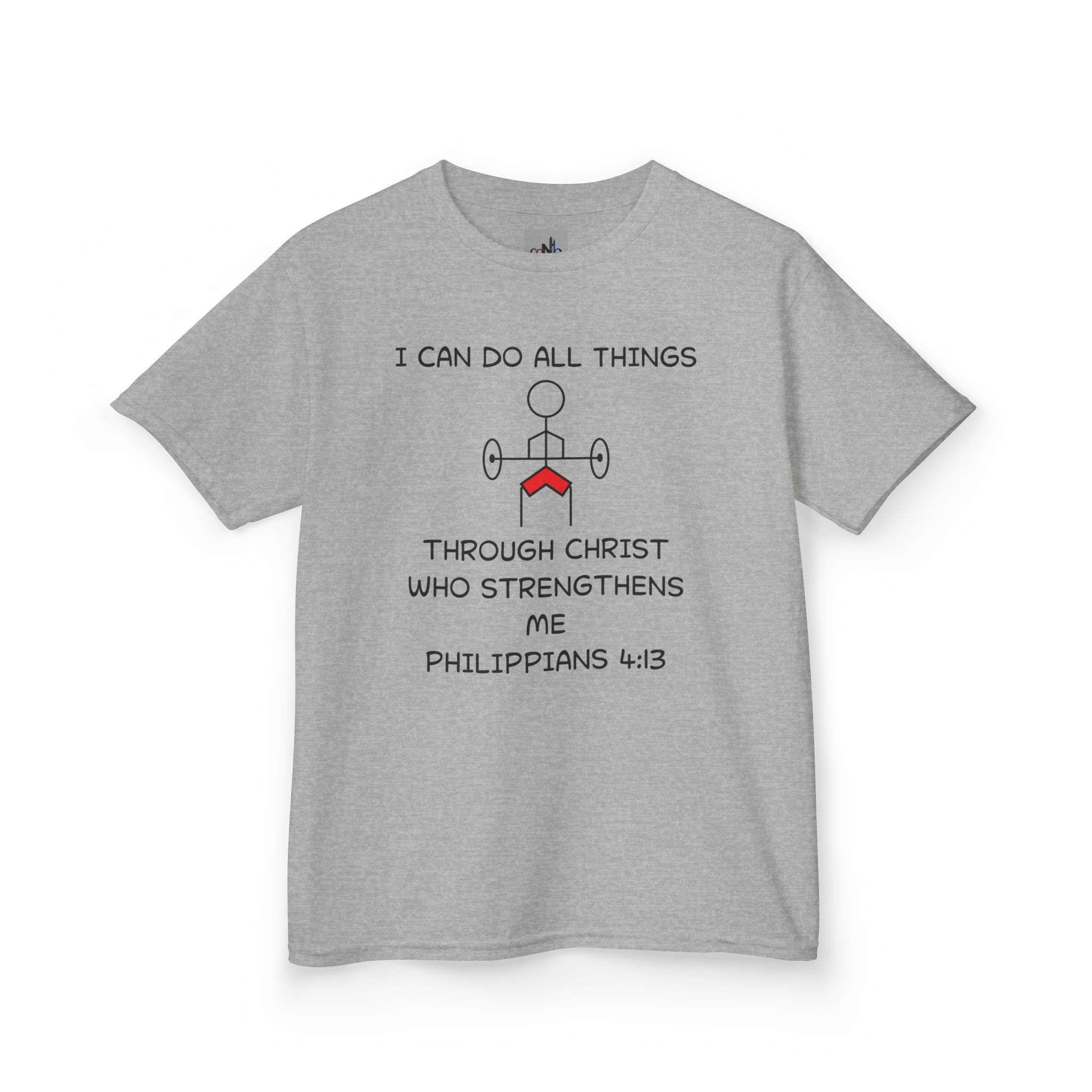 The "I Can Kids T-shirt" is quite the declaration of faith that moves with your little ones through every scraped knee and playground victory. Scripture “I Can Do All Things through Christ Who Strengthens me” proclaimed by our Stick Figure Friend Joshua.