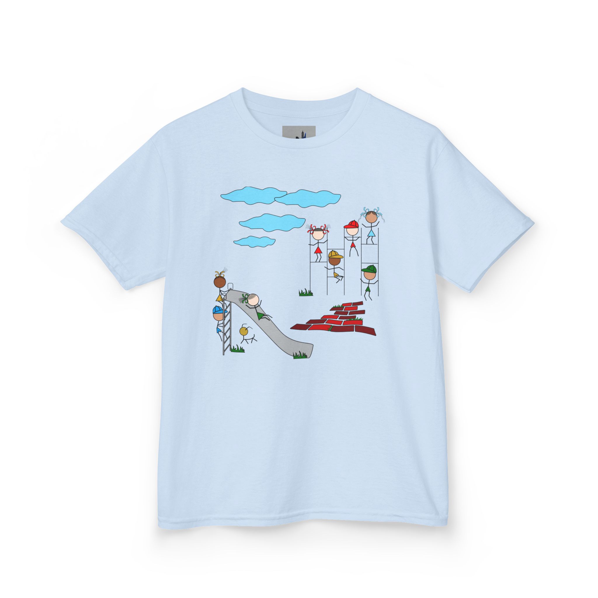 "Kids Playground T-shirt" stick figure illustration. Oh, what fun the children have playing in the park stick figures clad in bright clothing exploring the playground.
