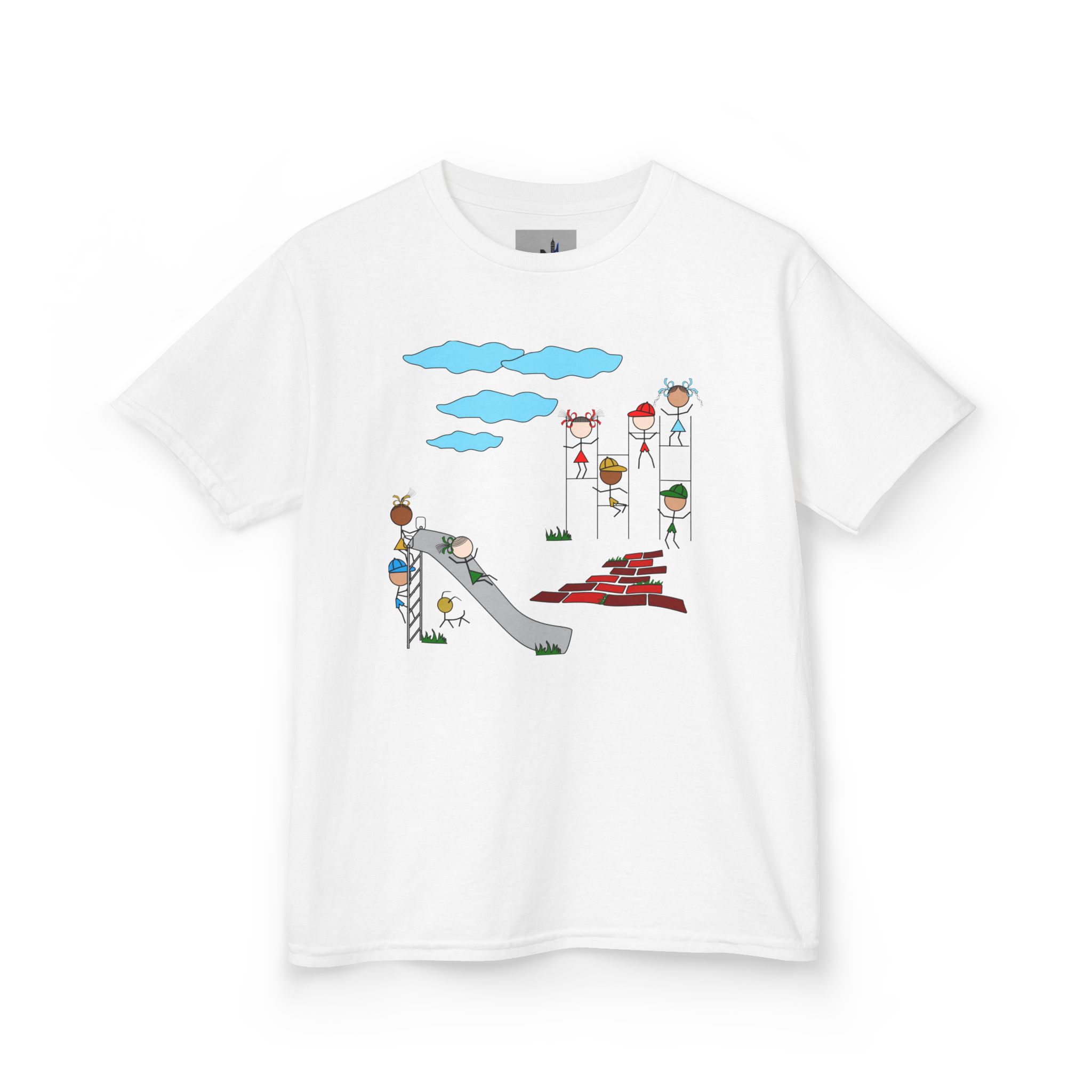 "Kids Playground T-shirt" stick figure illustration. Oh, what fun the children have playing in the park stick figures clad in bright clothing exploring the playground.