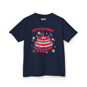 Joyful, all-American “Happy Birthday USA kids t-shirt" celebrating 250 years of freedom and grace from above. Every kid will be excited to wear this anniversary tee this year and it will be a happy reminder in years to come.
